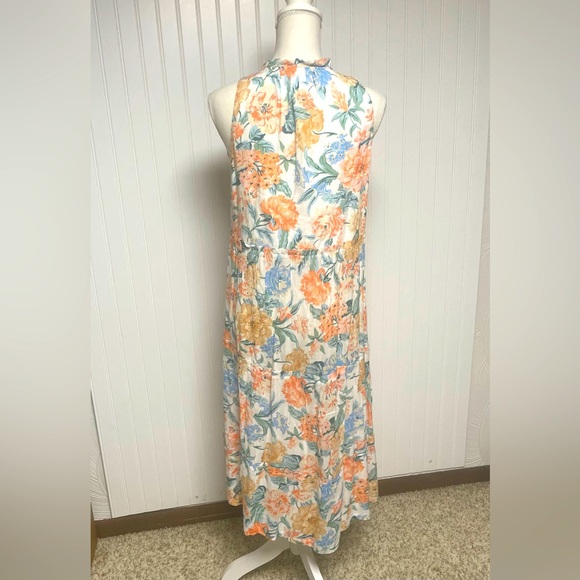 LOFT Sleeveless Peach Floral Tiered  Midi Dress Womens Medium Petite - Picture 2 of 9